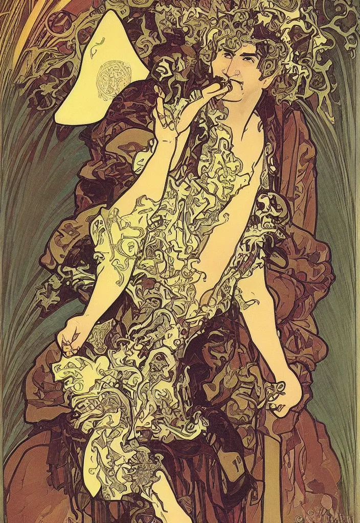 Image similar to Yoshua Bengio as the magician on a tarot card, tarot in art style by Alphonse Mucha