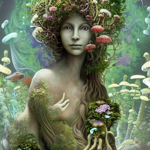 Image similar to glowing delicate flower and mushrooms that grow in a dark fatansy forest on the planet Pandora, an idealistic marble statue with fractal flowery hair in a fractal garden,