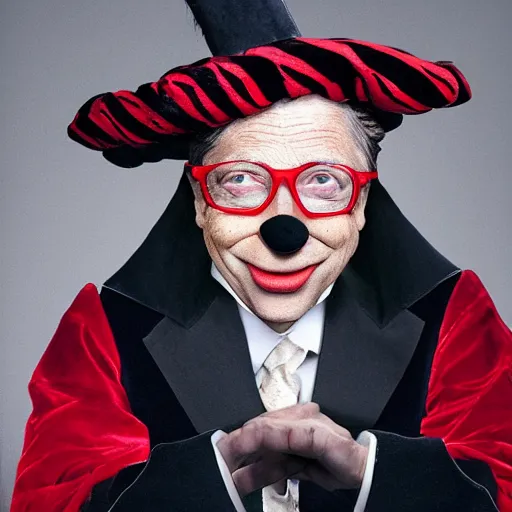 Image similar to UHD candid photo of Bill Gates dressed as a Court Jester, wearing extremely accurate clown makeup, accurate face, UHD, photorealistic, correct face, photo by Annie Leibowitz