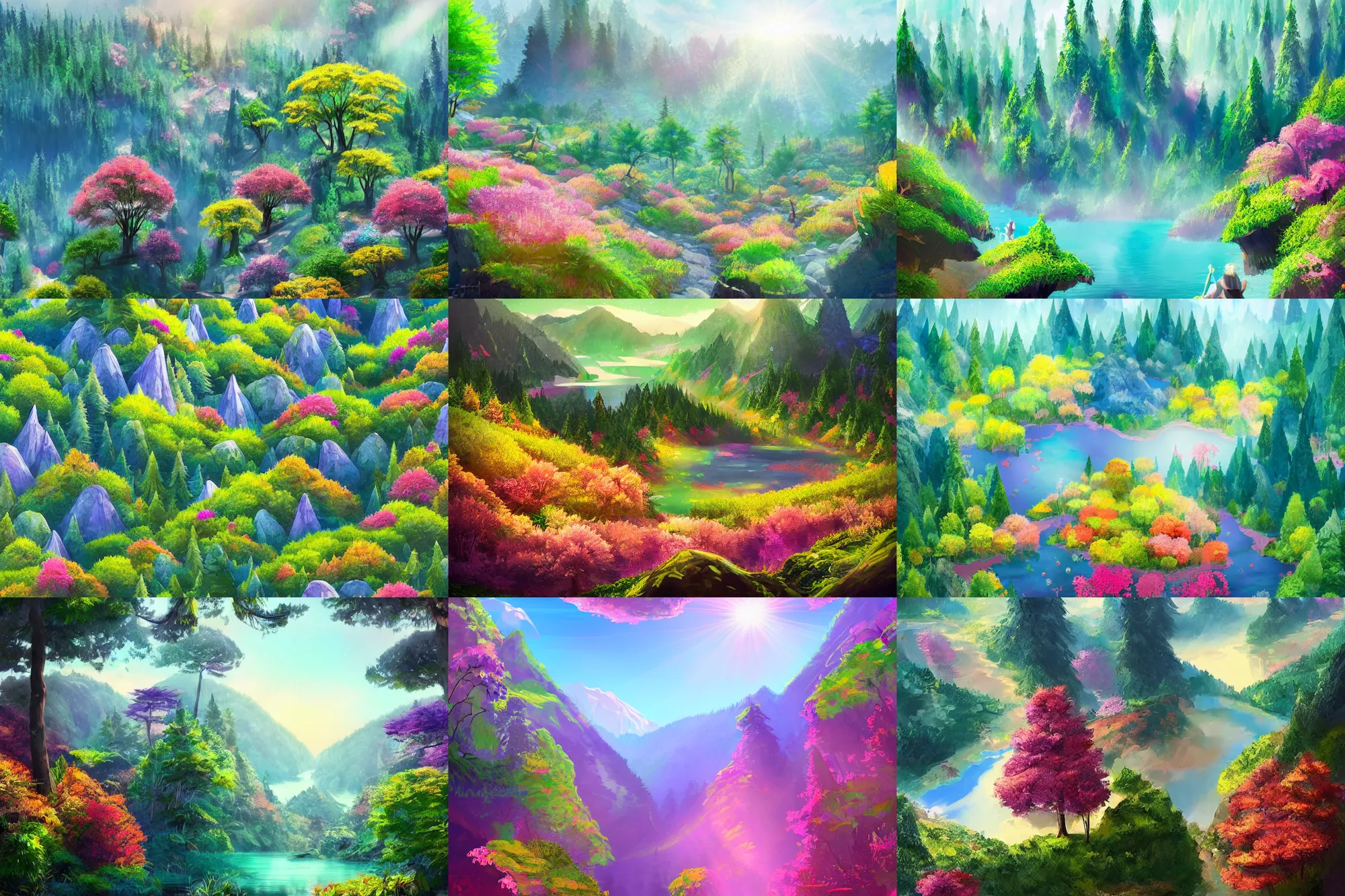 Prompt: a forest grove atop a tall mountain. Flowers in every colour bloom everywhere. A calm lake. The sun is shining. It is paradise on earth. Resplendent. A giant crystals glows serenely. Digital art. Trending on artstation. Sharp focus.