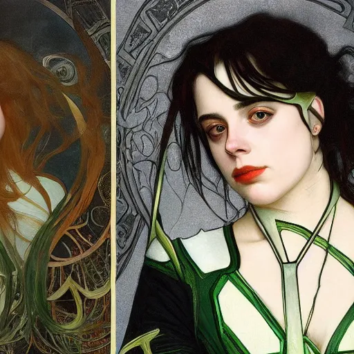 Prompt: Billie Eilish as female loki, oil on canvas, noir, trending on artstation, by Alphonse Mucha and Edmund Blair Leighton and Charlie