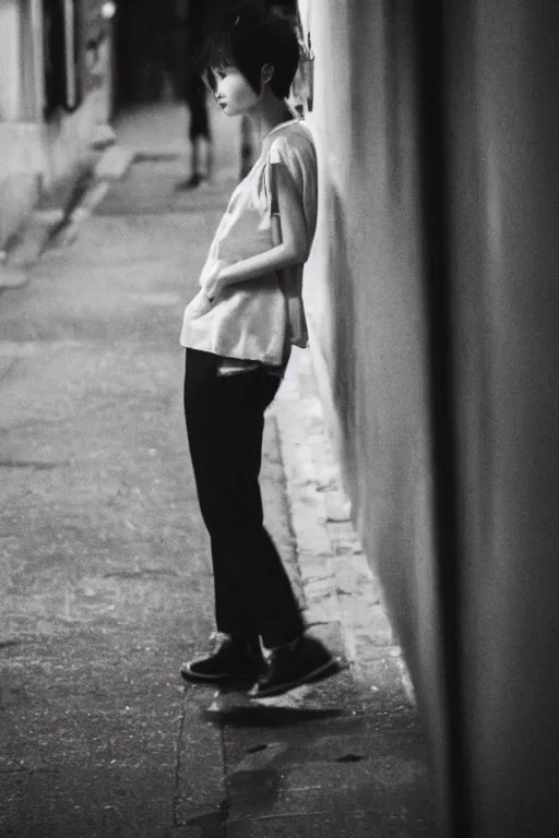 Image similar to a beautiful gorgeous Japanese edgy model girl with short hair, she's sad, sunset, street of Hong Kong, 80mm lens, 1.2 aperture, grainy image, close up, cinematic light, very detailed, depressing atmosphere, cover magazine