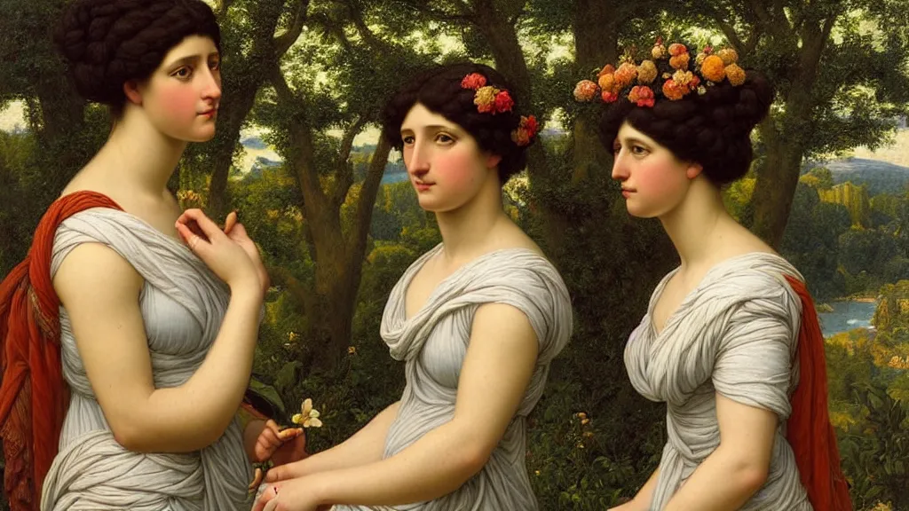 Prompt: portrait of two women surrounded by nature, in the style of john william godward, intricate details, high detail, super - flat, art nouveau, face symmetry, masterpiece, sharp focus