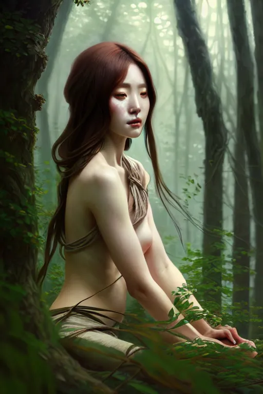 Image similar to beautiful digital painting of a hoyeon jung stylish female forest with high detail, real life skin, freckles, 8 k, stunning detail, works by artgerm, greg rutkowski and alphonse mucha, unreal engine 5, 4 k uhd