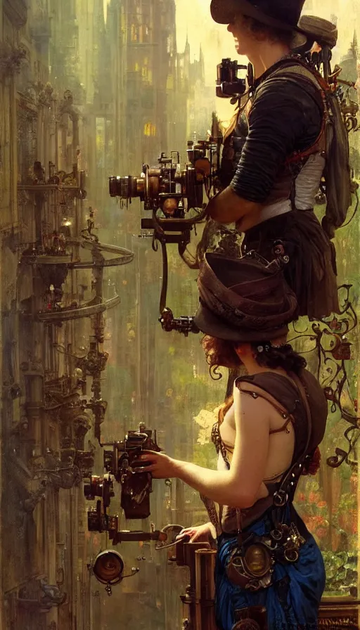 Image similar to hyper realistic photographer looking through camera towards viewer, magical, steampunk, painted by james gurney, norman rockwell, tom bagshaw, mucha, gaston bussiere, craig mullins, j. c. leyendecker 8 k