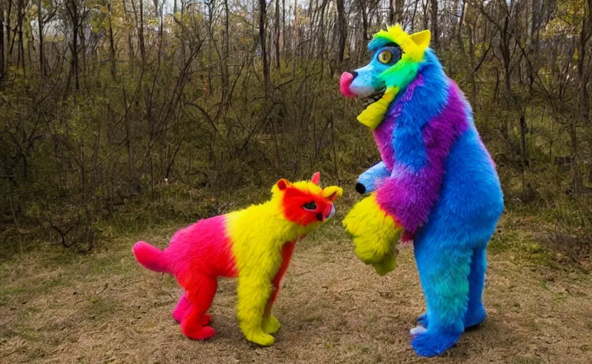 Prompt: photo of a person in a colorful fursuit stalking a small animal, award winning photo, national geographic photo