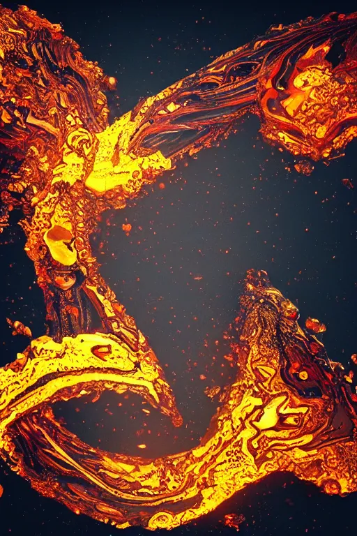 Image similar to A single elemental fire crystal covered in fluid art patterns and glowing with power, Sitting alone, Surrounded by darkness, concept art, illustration, burning hot. Magic Stone. Ruby Stone. Liquid Gold. Crystal structure. Symmetrical. Spirals. Melting. Honey. Intricate. Hyper Real. 4K. Octane Render. Refraction. Caustics. Empty Background. Black Background. No Background. Seriously, no background.