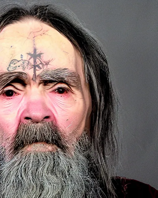 Image similar to Charles Manson as Odin, professional portrait photograph, DSLR photography