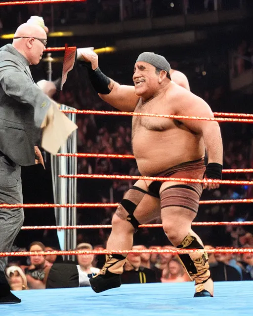 Prompt: danny devito as a wwe wrestler. photographic, photography