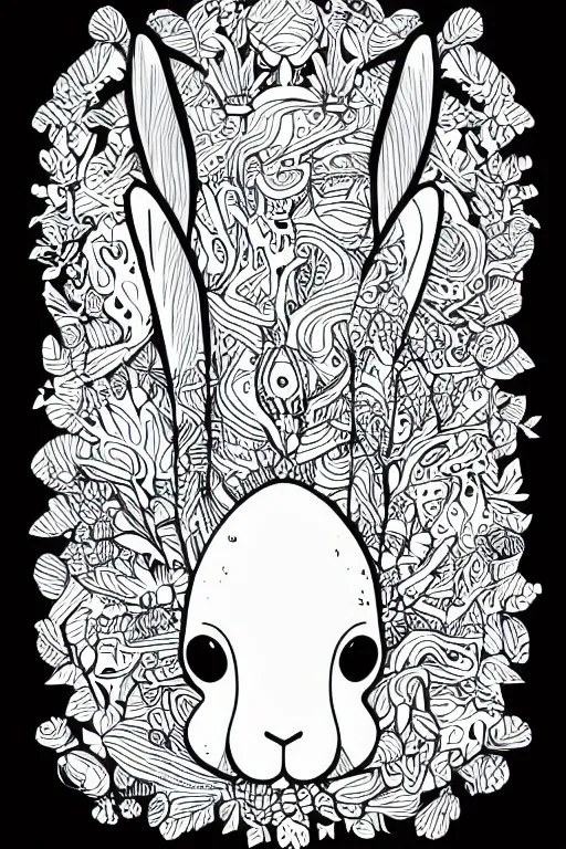 Image similar to bunny head, ornaments, ink drawing, line art colouring page