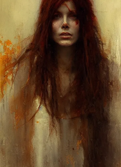 Prompt: portrait painting of beautiful red head ancient irish priestess, by jeremy mann, only one head single portrait