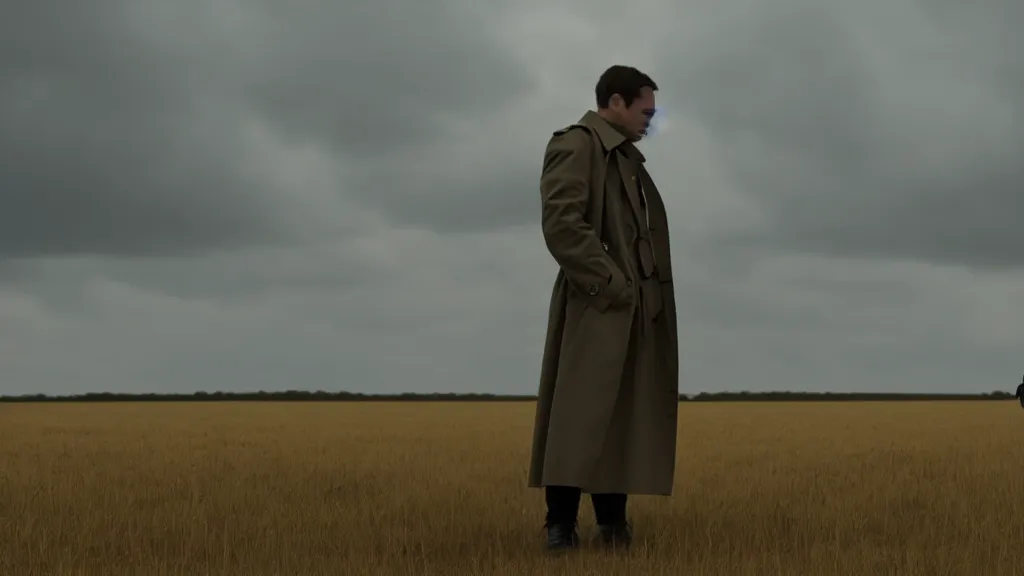 Prompt: a man in a trench coat check his watch in a field, low angle, concerned face, film still from the movie directed by Denis Villeneuve, wide lens