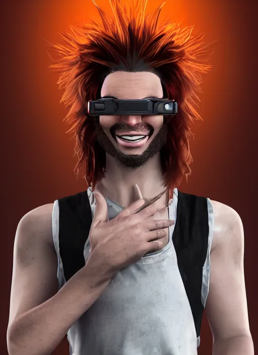 Image similar to An epic fantasy comic book style portrait painting of young man with red spiked long hair, using an orange lens googles. Wearing a black waistcoat, white shirt. He is with a vicious smile in face. Unreal 5, DAZ, hyperrealistic, octane render, cosplay, RPG portrait, dynamic lighting