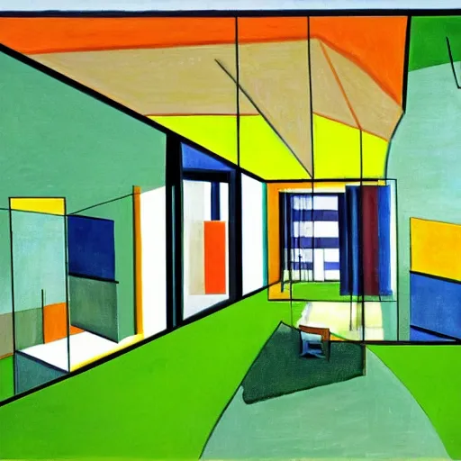 Image similar to a large room with a green lawn in the middle of it, a cubist painting by gilberto soren zaragoza, cg society, modernism, symmetrical, cubism, windows vista