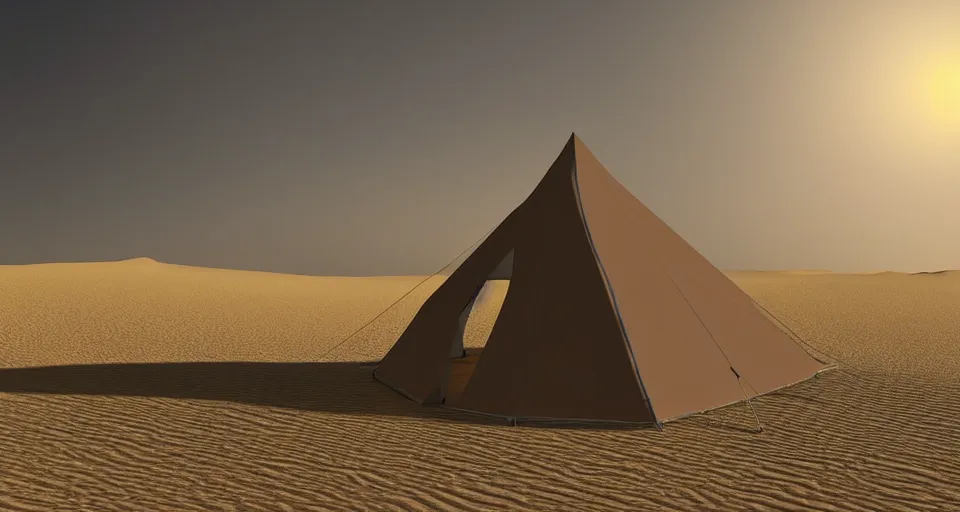 Image similar to hyper realistic matte painting of a small tent in the desert with dunes at midnight, dark color scheme, artstation