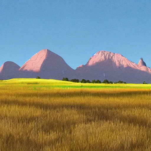 Image similar to a wide angle landscape of a prairie with a very large thin spire mountain in the distance, in the style of rococo, digital painting