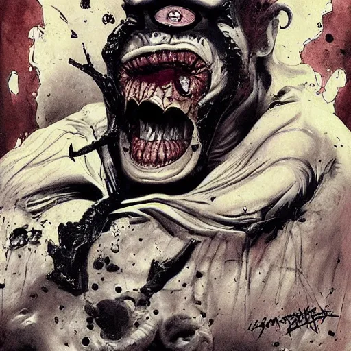 Image similar to horror monster makeup grinning one-eyed grimpunk vile reprobate portrait portrait Cyclops Cyclops Polyphemus shrek with tombow norman rockwell greg rutkowski frank frazetta alexandre briclot Dave Dorman splatterpaint