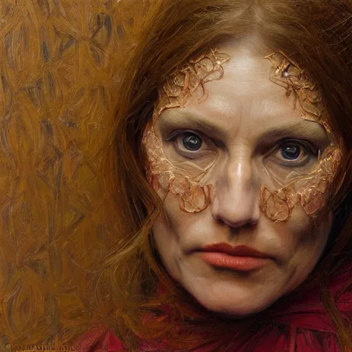 Prompt: portrait of a woman with a painted wood mask, by donato giancola.