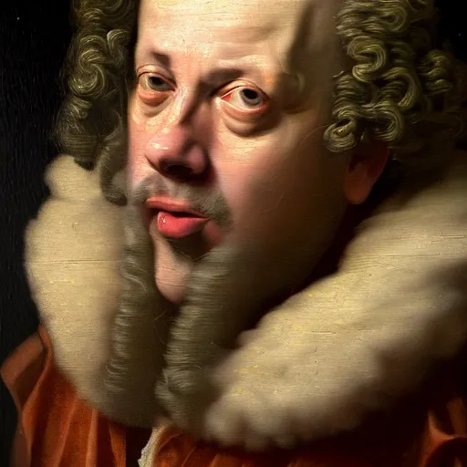 Image similar to A 17th century Baroque Painting of Gene Ween, grainy, realistic, hyperrealistic, very realistic, very very realistic, highly detailed, very detailed, extremely detailed, detailed, digital art, trending on artstation, detailed face, very detailed face, very detailed face, realism, HD Quality, 8k resolution, intricate details, body and head in frame, painting, oil painting, trending on deviantart, Baroque Painting