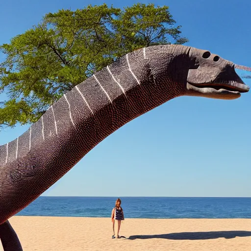 Prompt: a diplodocus in a beach with a text that says Diplodocus envios