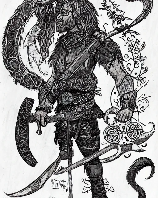 Prompt: full body character design reference art of Eoghaill of the Murine Hordes, a La Tene Culture Celtic chieftain and warrior, resplendent and proud of bearing, long black hair, hirstute and muscled, wielding a Celtic longsword. Has a rat familiar. high quality, high detail, realistic historical gouache illustration, in the style of: Angus McBride, Rebecca Guay, and Michael William Kaluta.