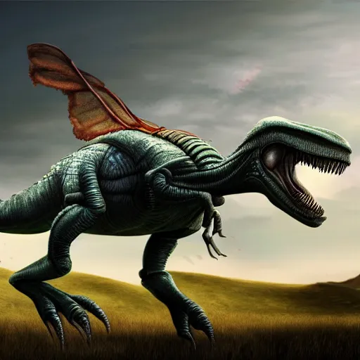 Image similar to alien insectoid dinosaurs roam the plains