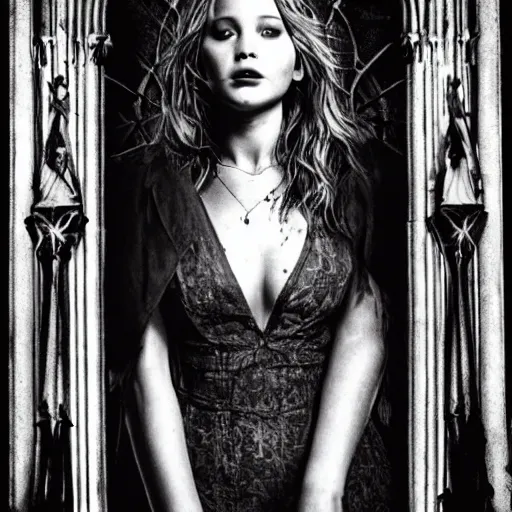 Prompt: jennifer lawrence as a vampire in a gloomy gothic cathedral at night