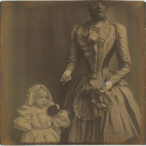 Image similar to portrait of a life size victorian female robot standing in with a human child in her care, 8 k, soft lighting, highly detailed realistic, face in focus polaroid photography