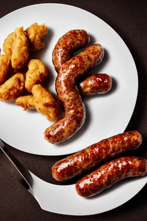 Prompt: nugget and sausage on plate, high resolution, photorealistic, smooth, details, 4 k, aesthetic lighting, baroque object, sharp focus, hyperdetailed object, professional photography, pullitzer winning, 8 0 0 mm lens, photo by : canon eos 5 d mark iv, by karah mew and adnan abidi and jodie bateman