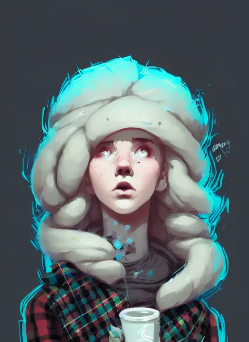 Image similar to highly detailed portrait of a sewer scotish young lady, tartan hoody, white afro hair by atey ghailan, by greg rutkowski, by greg tocchini, by james gilleard, by joe fenton, by kaethe butcher, gradient cyan, brown, blonde cream and white color scheme, grunge aesthetic!!! ( ( graffiti tag wall background ) )