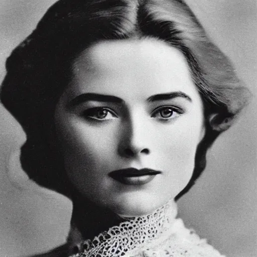 Image similar to edwardian photograph of a mix of grace kelly and emilia clarke, 1 9 0 0 s, 1 9 1 0 s, grainy, slightly blurry, faded, realistic face, elegant, graceful, vintage hollywood star