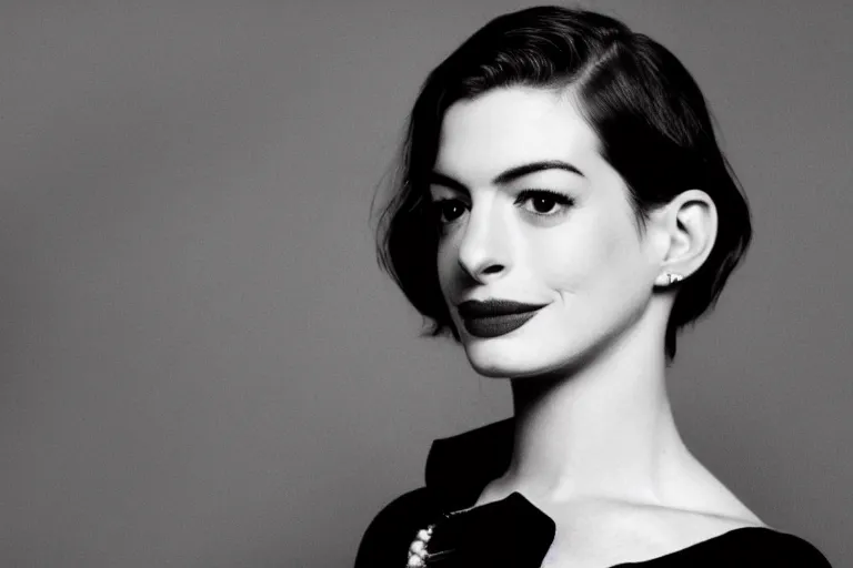Image similar to beautiful medium shot of anne hathaway in a film noir ; grainy black and white movie still