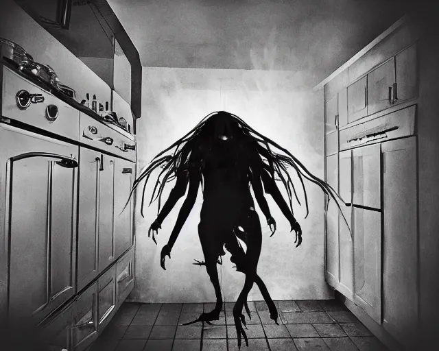 Image similar to horror demon evil transparent spirit attacks in kitchen interior photo shot on iphone, dynamic pose, middle body shot, sharp focus, grainy, corpse, paranormal flashlight, night, total darkness, poltergeist, aberrations,