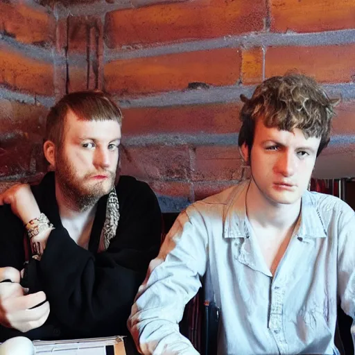 Image similar to geordie greep fro mthe band black midi having a business meeting with mario, hyperrealistic