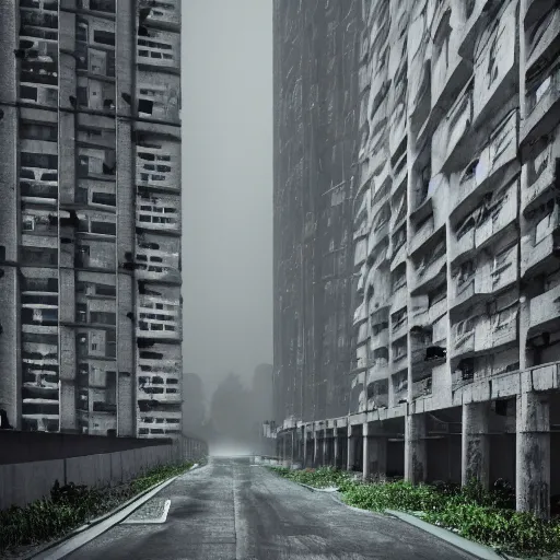 Prompt: A night street, a translucent transparent ghost in the back, Soviet town, mass housing, Soviet five-story panel buildings, brutal concrete architecture, lush vegetation, foggy, post-processing, in the style of Hugh Ferriss, Behance, Artgerm. High detail, ultra realistic render, octane, 3D, photorealism, symmetric, cinematic