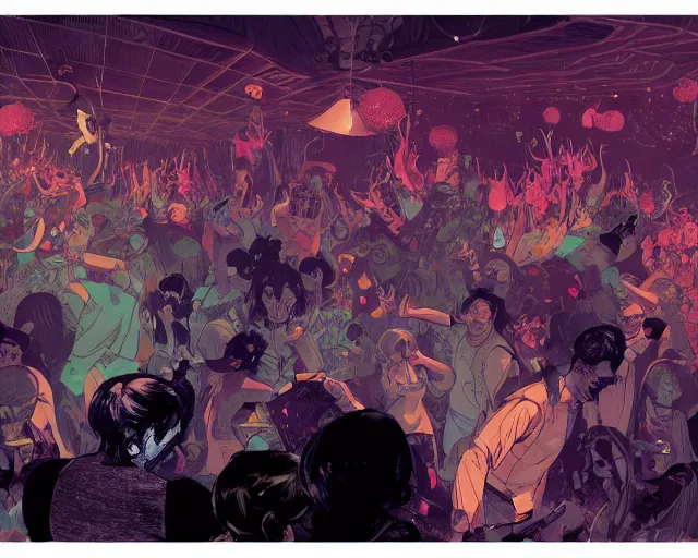 Prompt: a study of cell shaded cartoon of fairies raving in a nightclub, illustration, wide shot, subtle colors, post grunge, concept art by josan gonzales and wlop, by james jean, Victo ngai, David Rubín, Mike Mignola, Laurie Greasley, highly detailed, sharp focus, alien, Trending on Artstation, HQ, deviantart, art by artgem