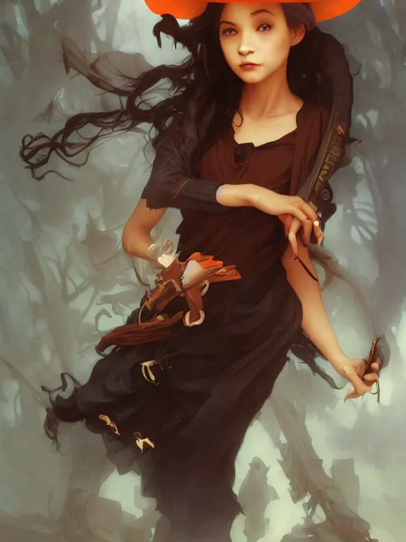 Prompt: Full shot of a mischievous young witch about to get up to some trouble. Latin American fashion. Black and Orange palette. Latina girl. brown skin. Symmetrical facial features. By Ruan Jia and Artgerm and Range Murata and WLOP and Ross Tran and William-Adolphe Bouguereau. Key Art. Fantasy Illustration. award winning, Artstation, intricate details, realistic, Hyperdetailed, 8k resolution.