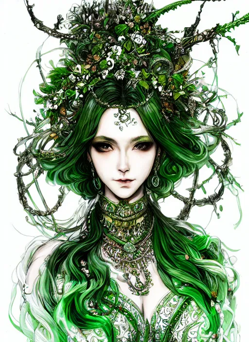 Prompt: Half body portrait of a beautiful dryad goddess in ornate white and green dress, vibrant colours, chosen by the god, ornate. In style of Yoji Shinkawa and Hyung-tae Kim, trending on ArtStation, dark fantasy, great composition, concept art, highly detailed, dynamic pose.