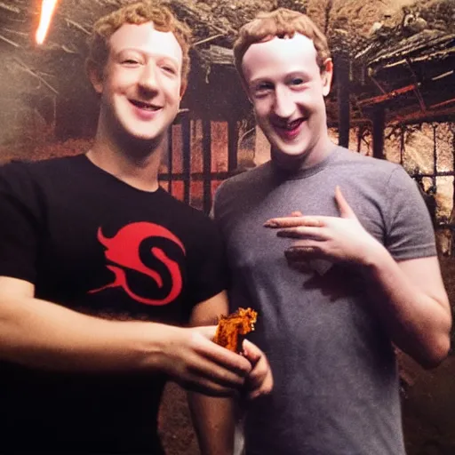 Image similar to selfie of Lucifer smoking weed with mark zuckerberg in hell