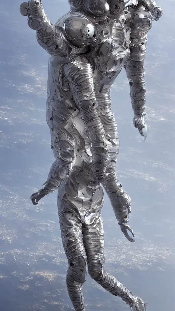 Prompt: A space suit designed by Iris Van Herpen, by greg rutkowski, by Moebius and greg rutkowski, very coherent, hyper realism, high detail, vivid colors, octane render, unreal engine, 8k, Smooth gradients, High contrast, depth of field by Jacek Yerka