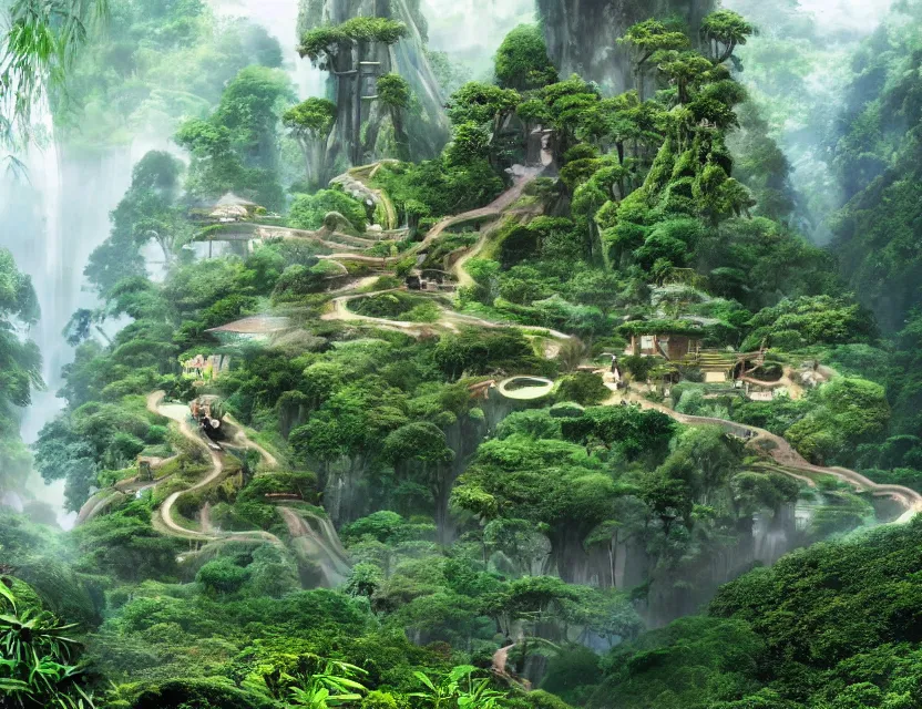 Prompt: a cinematic widescreen photo of ancient japanese cloud temples, a winding path across a bridge, a terraced mountain in a misty bamboo cloud forest with colossal waterfalls at dawn by studio ghibli and roger dean, terraced, mystical, gardens by the bay