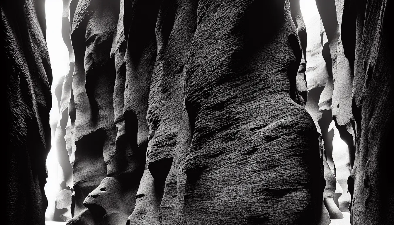 Prompt: slot canyon by mads berg, karolis strautniekas, film noir, stippled light, dramatic lighting, editorial illustration, detailed, fine texture, matte print,