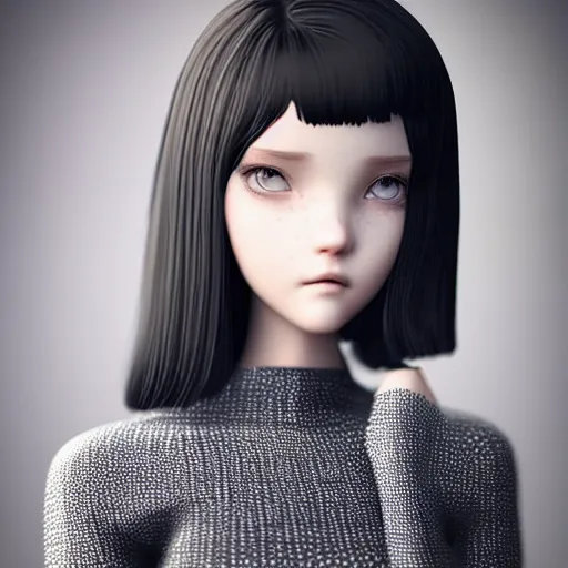 Image similar to beautifully pretty surfer girl, 2 2 years old, black sweater, grey checkered skirt, very cute features, glittery short black hair, blue eyes, universal volumetric lighting, soft glow, by range murata, highly detailed intricately sharp focus, trending on pinterest, unreal engine 5 4 k uhd image