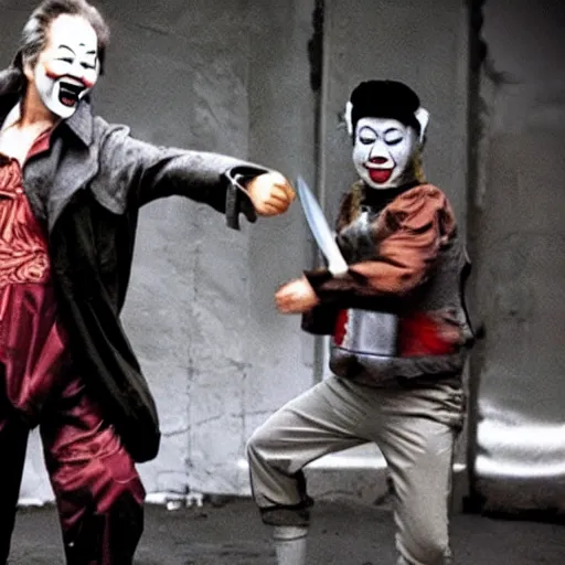 Prompt: Jack Burton throwing a knife at a tall Chinese clown, Lo Pan, cinematic still, amazing photo