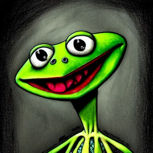 Prompt: grunge cartoon drawing of kermit the frog by - michael karcz , in the style of corpse bride, loony toons style, horror themed, detailed, elegant, intricate