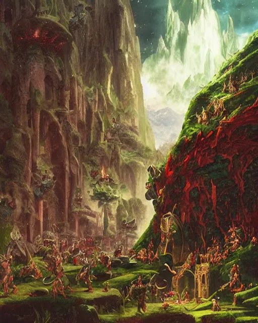 Prompt: epic fantasy full cast movie poster starring a peasant with green skin and an angry orc warrior and a pretty elf spy and a backdrop of an orc army and planets realistic oil painting by Thomas Cole and Wayne Barlowe