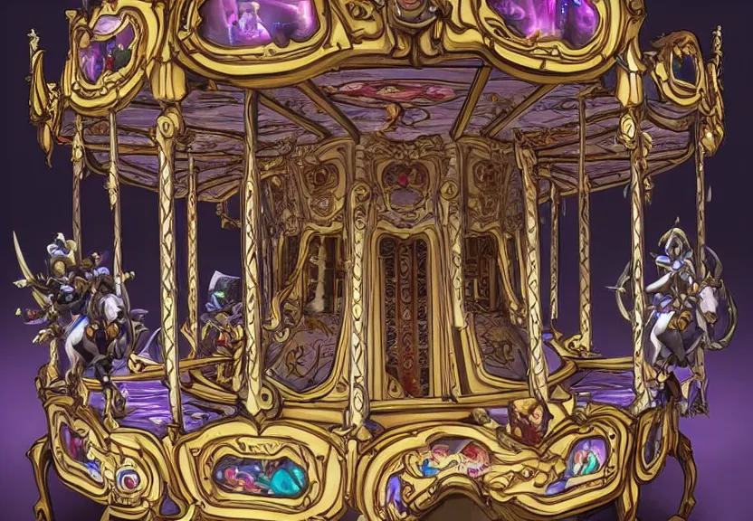 Image similar to a baroque gothic carousel, in the style of league of legends, overwatch