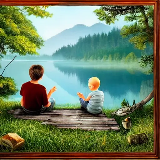 Prompt: a silver dragon and a boy sitting together next to a lake watching firefly, night, forest