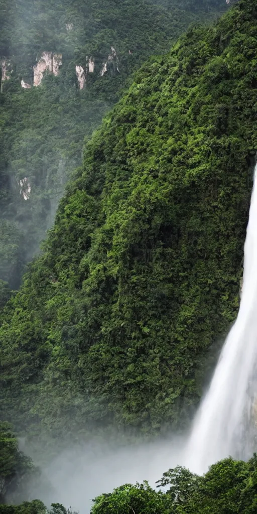 Prompt: A cloudy peak in southern China with one waterfall,in which rainbow can be seen in the middle of the waterfall. the style of National Geographic magazine