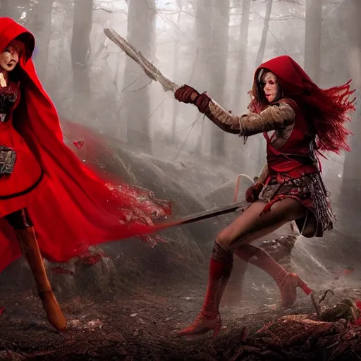 Prompt: red riding hood female warrior fending off a werewolf, highly detailed, dramatic lighting, cinematic, 4k